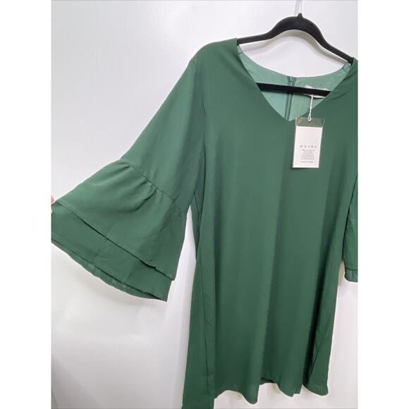 BELONGSCI NWT V Neck Bell Sleeve Shift Mini Green Dress Women L Fairy Flowy Cute - Picture 4 of 12